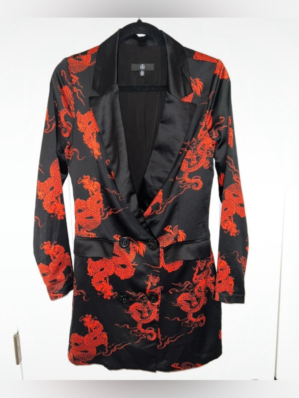 Misguided Black Satin Blazer Dress With Red Dragon Print Women’s Size 4 Small